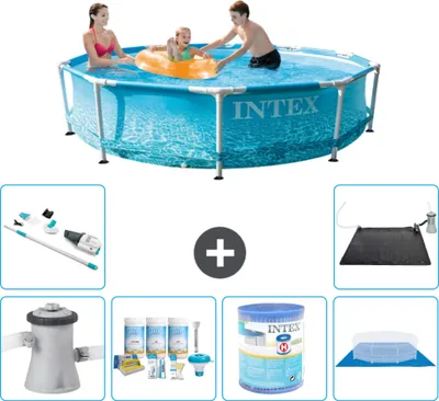 Produktbild von Intex Rundrahmen-Schwimmbecken – 305 x 76 cm – Wasserdruck – inklusive Pumpe Wartungspaket - Filter - Bodenplane - Staubsauger - Solarmatte