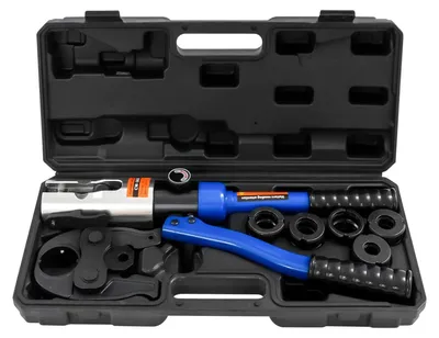 Produktbild von Hydraulische Presszange Für Kupferrohre - Manuell - 10 t Presskraft - Hub 20 mm - 360° Drehbarer Kopf - 5 Pressbacken - Blau