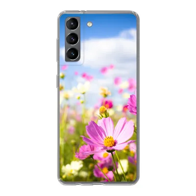 Produktbild von MuchoWow® Handyhülle Schutzhülle Hülle für Samsung Galaxy S21 Blumen - Wiese - Lila - Gras - Weiß - Wolken - Blau Silikon Softcase Handy Hülle - Softcase