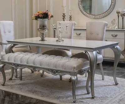 Produktbild von Casa Padrino Luxus Barock Esstisch Weiß / Silber - Eleganter Massivholz Küchentisch im Barockstil - Barock Esszimmer Möbel