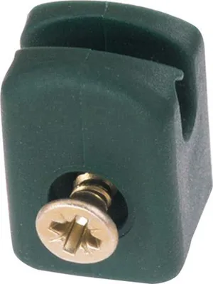 A close-up studio shot of a green plastic wire holder with a gold screw.