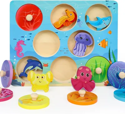 Productafbeelding van Montessori Speelgoed vanaf 1 jaar - Houten puzzel 1 jaar - Zeebewoners - Motoriekspeelgoed vanaf 1 jaar - Grijppuzzel - Sorteerspel voor 12