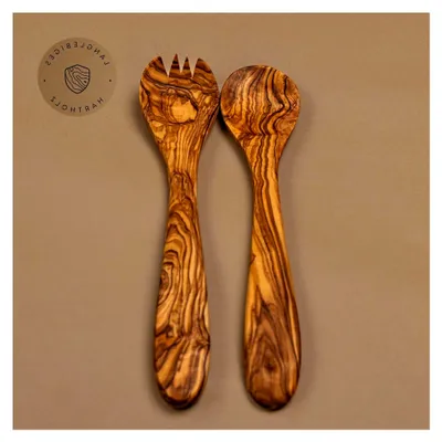 Produktbild von Salatbesteck aus Olivenholz / Servierbesteck aus Holz / Salatbesteck Set mit kurzen Zacken / 30 cm