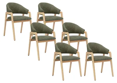 Produktbild von Stuhl mit Armlehnen 6er-Set - Bouclé-Stoff & Kautschukholz - Grün & Natur - SOLUNA