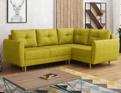 Produktbild von Easy4You Senf Ecksofa Manstad in L-Form 234x90x160 cm mit Schlaffunktion und Bettzeugbehälter - Schlafsofa mit Bettkasten und Holzfüße - Eckcouch Rechts mit Stauraum - Stoff: Soro 40
