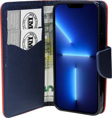 Produktbild von cofi1453® Buch Tasche "Fancy" kompatibel mit iPhone 13 Pro Max Handy Hülle Etui Brieftasche Schutzhülle mit Standfunktion, Kartenfach Rot-Blau