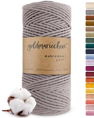 Produktbild von Makramee Garn (Grau) 3mm x 100m - 100% Baumwolle - Makrameegarn Baumwollgarn für DIY-Handwerk wie Halskette, Armband, Schlüsselanhänger, Lampenschirm
