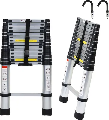 Obrázok produktu pre TolleTour teleskopický rebrík strieborný 4,4 m s hákmi Výsuvný rebrík do 150 kg Robustný hliníkový rebrík Multifunkčný rebrík Štafle