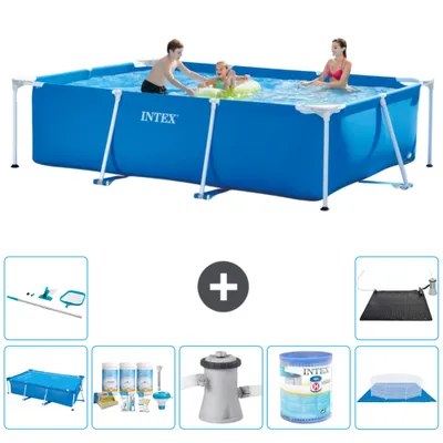 Produktbild von Intex-Schwimmbecken mit rechteckigem Rahmen – 300 x 200 x 75 cm – Blau – im Lieferumfang enthalten Sonnensegel - Wartungspaket - Filterpumpe für Schwimmbad - Filter - Bodenplane - Reinigungskit