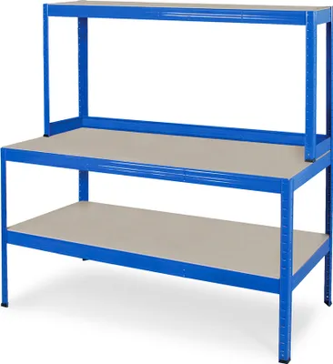 Produktbild von Packtisch / Werkbank mit Aufbau, BxTxH 1500 x 600/300 x 1500 mm, blau