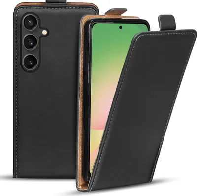 A black flip case for a smartphone is shown from a slightly elevated angle, with the front cover open.