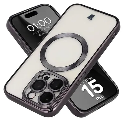 Produktbild von Handyhülle mit Kameraschutz und Magnetring für iPhone 15 Pro, Bizon Case GuardO, Transparent-Schwarz