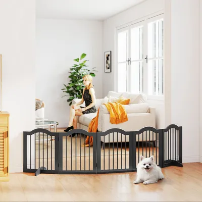 Produktbild von Absperrgitter Hund freistehend klappbar, Hundegitter 5 Paneele, Massivholz MDF, Schwarz | 261,5 cm breit | 61 cm hoch | ohne Bohren