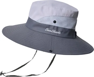 Produktbild von Damen Outdoor UV-Schutz Faltbarer Sonnenhut Netz Breite Krempe Strand Fischerhut mit Pferdeschwanzloch