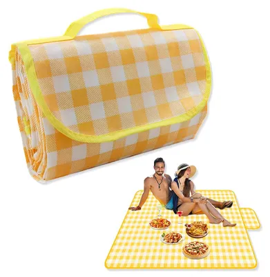 Imagen del producto de Manta de picnic impermeable, de 200 x 200 cm, color amarillo, con asa de transporte, ideal para camping