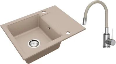 Produktbild von VBChome Granitspüle Beige 59 x 44 cm mit Flexibel Armatur Einzelbecken Einbauspüle Reversibel Gesprenkelt Pflegeleichtes Spülbecken mit Siphon