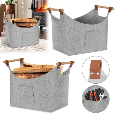 Produktbild von Eikuavons 2x Kaminholzkorb Filzkorb 45×40×32 cm, 3 mm, faltbar, mit Holzgriffen und Seitentaschen, Hellgrau