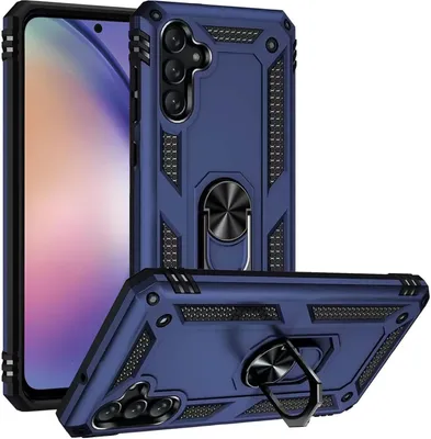 Multiple views of a blue phone case with a built-in ring holder, shown against a white background.