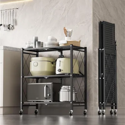 Image de Étagère métallique à 3 niveaux, montée sur roulettes, pour cuisine