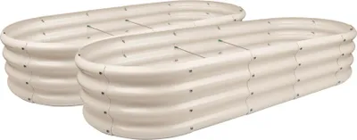 Two oval-shaped, raised garden beds are shown side-by-side against a white background.