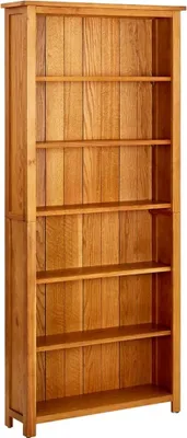 A wooden bookcase with six shelves.