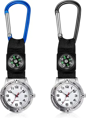 Two carabiner watches with compasses, one with a blue carabiner and the other with a black carabiner, are displayed side-by-side against a white background.