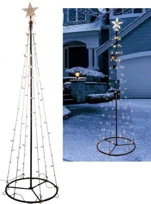 A collage showing a decorative LED Christmas tree with lights and a star topper, both on a white background and set up outdoors in a snowy environment.