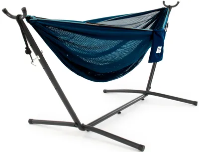 Produktbild von VIVERE Hängematte aus Polyester Mesh mit Gestell 280 cm – 180 kg Belastung - Marineblau/Türkis