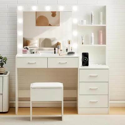 Productafbeelding van Make-up tafel met verlichting, spiegel, 5 lades, oplaadstation, wit, 120x40x140 cm