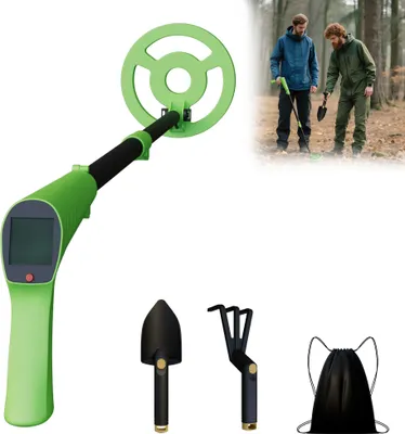 Produktbild von UISEBRT Metalldetektor in Grün für Kinder - Mit LCD-Display & wasserfester Spule & Lang Handgriff - Inkl. vollständigem Ausgrabungsset (Schaufel+Kralle+Tasche)