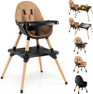 Produktbild von GOPLUS 6 in 1 Hochstuhl Baby, Kinderstuhl mit abnehmbarem Bausteintisch, verstellbarem Doppeltablett, Kombihochstuhl für 6-36 Monate (Braun)