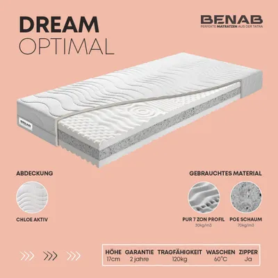 Produktbild von Schaummatratze Benab Dream Optimal Matratze 85 x 195 cm H4 / H5 hart 17 cm hohe Schaummatratzen, PUR, POE, 7 Zonen, Knoben