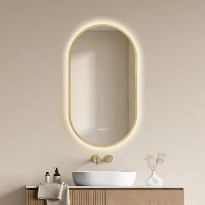 Produktbild von EMKE Badspiegel mit Beleuchtung, Antibeschlag 3 Lichtfarben Dimmbar Touch-Tasten, Badezimmerspiegel 75x45 cm Oval Goldener Rahmen