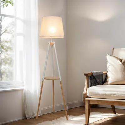 Obrázek produktu pro Stojací lampa moderní skandinávská "Vaio" dřevo bílá dřevo látka Stojací lampa obývací pokoj