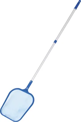 A pool skimmer net with a telescopic pole against a white background.