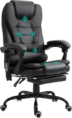 Image de Vinsetto Fauteuil de bureau massant, chaise de bureau, chaise ergonomique avec hauteur réglable, dossier inclinable et télécommande filaire, repose-pieds rétractable et pivotant à 360°, noir