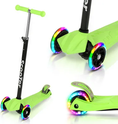 Produktbild von Jiubiaz Kinderroller Funscooter Tretroller Kickroller 3-Rad-Kinderroller LED-Räder bis 50 kg Höhenverstellbar Grün