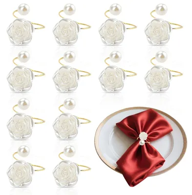 12 goldene Serviettenringe mit Perlen und Rosen, elegant, Metall