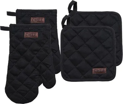 Productafbeelding van Unyqoos® Luance Ovenhandschoenen-set, 2-delig – Ovenhandschoen 18x28 cm + Potholders 19x19 cm, katoen, zwart, met ophangoog