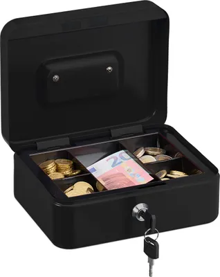 Produktbild von Relaxdays Geldkassette abschließbar, entnehmbarer Einsatz, 5 Fächer, Geldkasten Eisen, HxBxT: 8,5 x 20 x 17 cm, schwarz