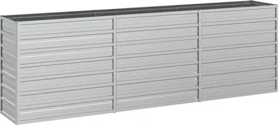 A three-section raised garden bed made of galvanized steel.