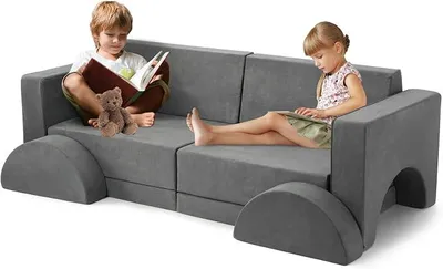 Imagen del producto de Sofá modular para niños de 8 piezas, versátil y fabricado con espuma suave. Se puede transformar en un sofá para jugar, un sillón infantil o un sofá de suelo.  Tiene una funda de microfibra desmontable y lavable