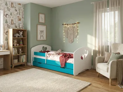 Immagine prodotto di Lettino Happy Babies – con materasso, cassetto e sponda di sicurezza, 80 x 160 cm, letto per bambine e ragazze, letto per bambini, con apertura a cuore, blu
