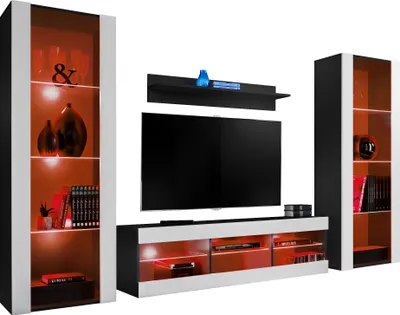 Produktbild von Komodee | Wohnwand Wohnzimmerset Tivoli Grande, Korpus Schwarz Matt Frontfarbe Weiß Matt, LED RGB