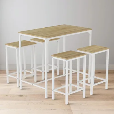 Zdjęcie produktu dla Stół barowy z 4 stołkami barowymi, zestaw do baru, styl industrialny, idealny do kuchni, jadalni lub salonu, wymiary: 100x60x90 cm