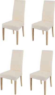Four beige upholstered dining chairs with natural wood legs are arranged in a grid formation against a white background.
