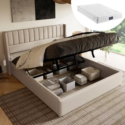 Immagine prodotto di okwish Letto imbottito 140x200 cm Letto matrimoniale con sollevamento idraulico, Letto contenitore con rete in legno, Letto con rete su struttura in metallo, Beige lino (con materasso)