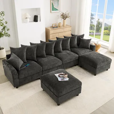 Produktbild von MODFU Modulares Ecksofa U-Form, 6-Sitzer Wohnlandschaft Relaxsofa mit USB/Type-C-Anschluss, Chenille-Bezug und Taschenfederkern,Grau, 283×153,5×78,5 cm
