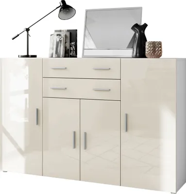 Produktbild von Vladon Highboard Aron Anrichte mit 2 Schubladen und 4 Türen mit insgesamt 8 Fächer dahinter, Weiß matt/Creme Hochglanz (166,5 x 106,5 x 35 cm)