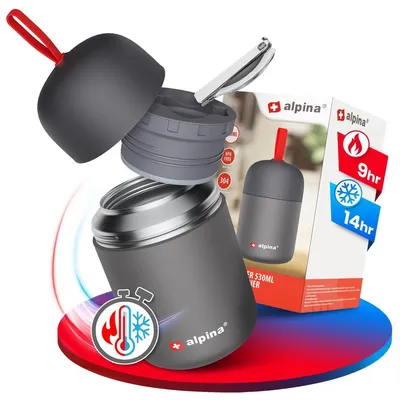 Produktbild von alpina Thermobehälter für Essen - SPÜLMASCHINENFESTER Thermo Becher 530 ml mit Druckausgleich und faltbarem Löffel - Hält extra lange warm und kalt I Edelstahl Thermobecher BPA frei